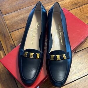 Salvatore Ferragamo Women's Navy Loafers with Gold Detail